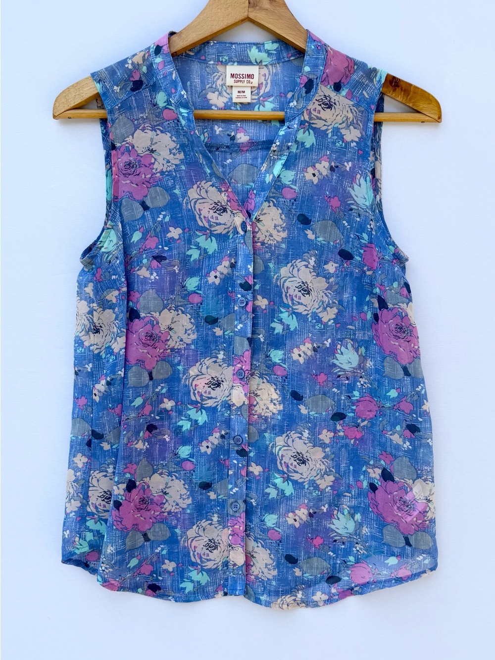 Mossimo Blue Floral Sheer Button-Front Sleeveless Boho Blouse Medium NWOT